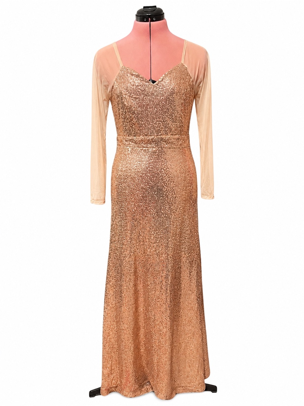 Rose Gold Sequin Illusion Long Sleeve Maxi Gown